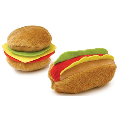 Plush American Cuisine Dog Toys - Hamburger/Hotdog - Plush Hamburger, 4.5"  