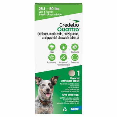 Rx Credelio Quattro Chewable Tablets for dogs, 25.1-50lbs 1 chewable Size 25.1-50lbs
