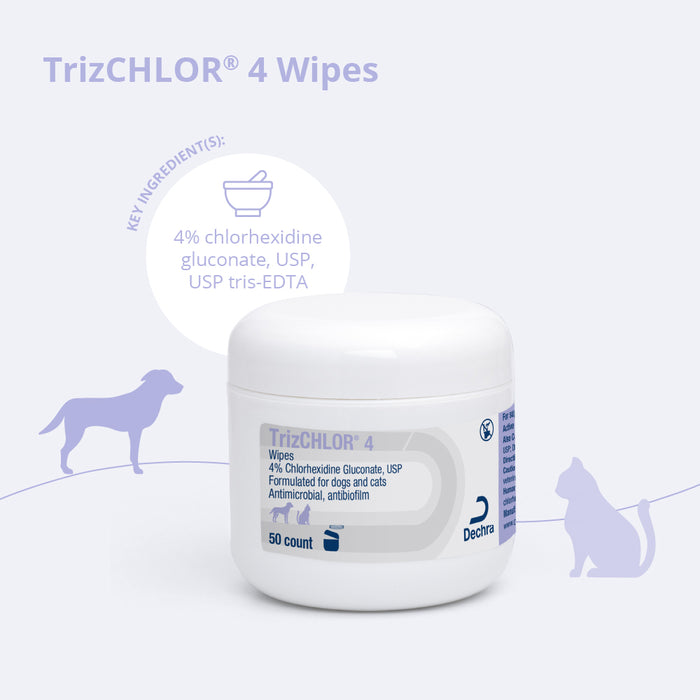 TrizCHLOR 4 Wipes – Antimicrobial Skin Care for Dogs & Cats, 50 ct