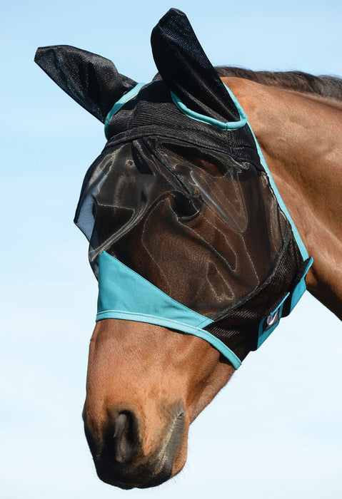 WeatherBeeta ComFITec Fine Mesh Fly Mask with Ears - Black/Turquoise Warmblood/Oversized 