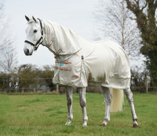 WeatherBeeta ComFITec Essential Mesh II Combo Neck Horse Fly Sheet - Beige/Turquoise/Orange 81 in 