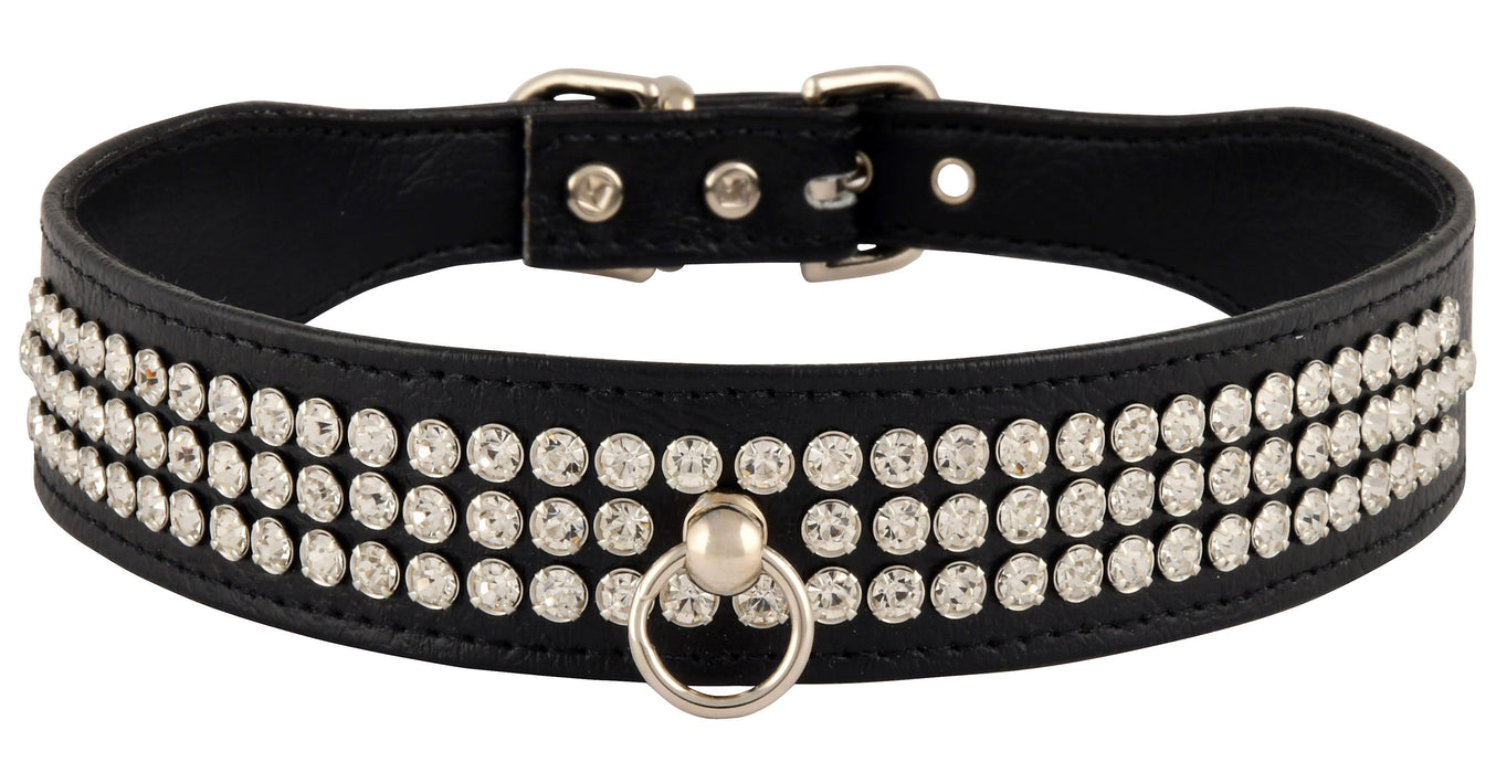 Faux Leather Dog Collar with Rhinestones - Black 24 in 