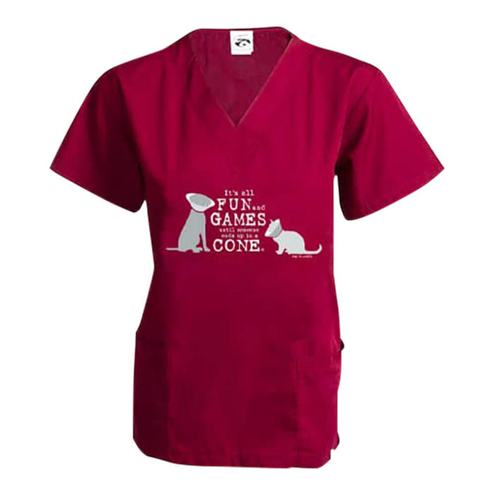 Dog is Good Scrub Top, Fun and Games Cat and Dog - Wine M 