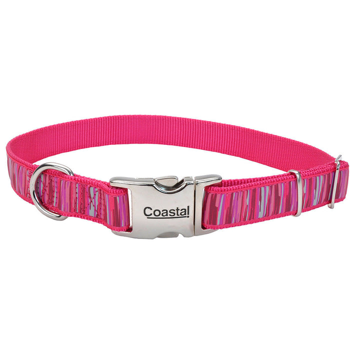 Ribbon Adjustable Dog Collar with Metal Buckle - Pink Flamingo Stripe Large - 1" x 18"-26" 