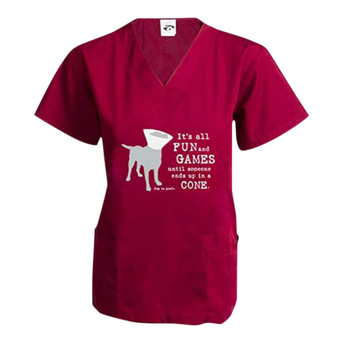 Dog is Good Scrub Top, Fun and Games - Wine XL 