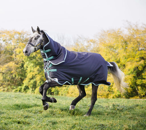 Amigo Bravo 12 Plus Horse Turnout Blanket with 250 gram fill, Navy/Aqua - 69"  