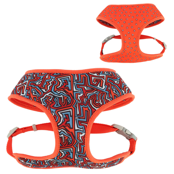 Sublime Reversible Dog Harness - Red Blue Graffiti with Red Stars SML - 3/4" x 19" - 23" 