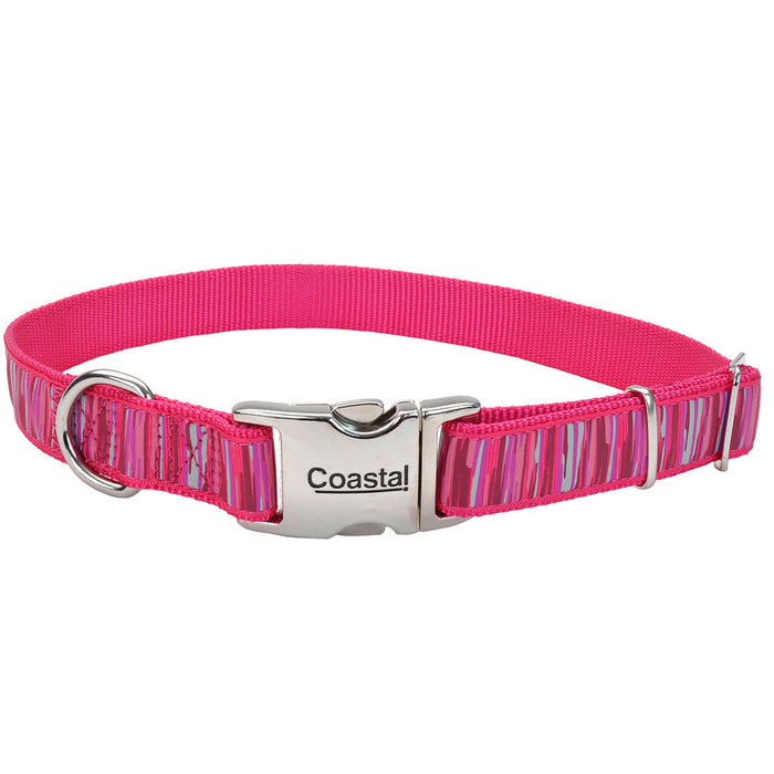 Ribbon Adjustable Dog Collar with Metal Buckle - Pink Flamingo Stripe X-Small - 5/8" x 8"-12" 