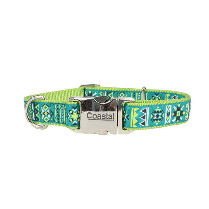 Ribbon Adjustable Dog Collar with Metal Buckle - Lime Southwest Stars Large - 1" x 18"-26" 