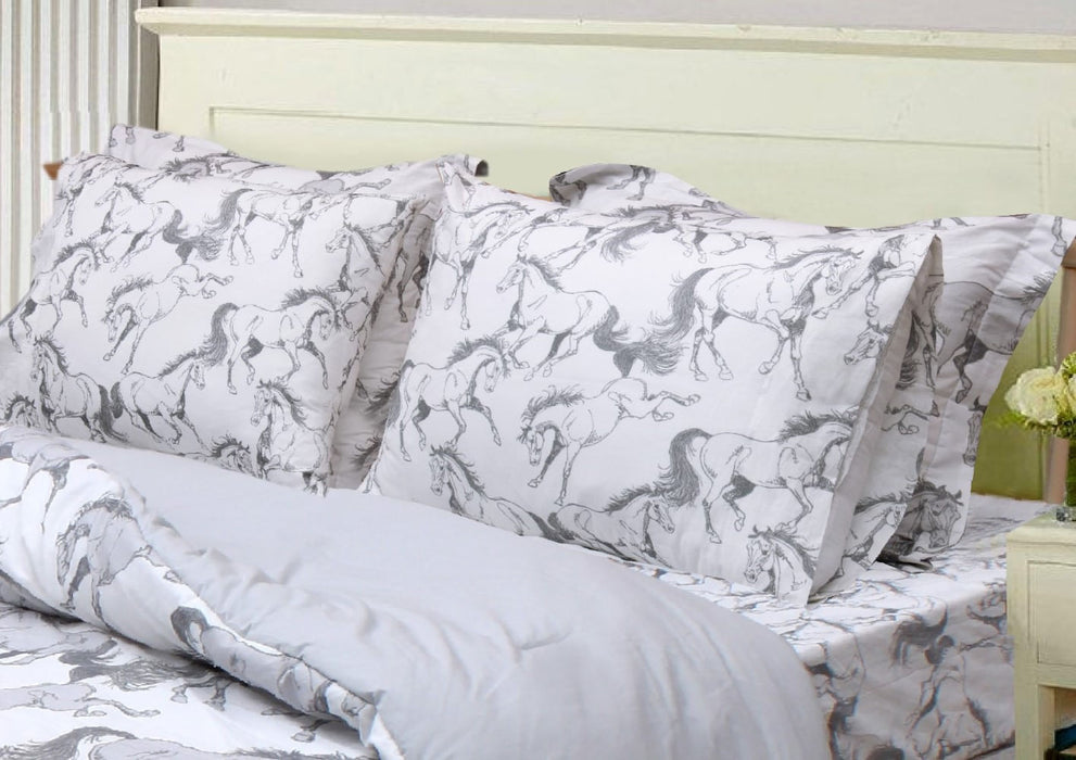 Lila Elegant Horse 3 Piece Sheet Set, 100% Cotton - Gray and White King 