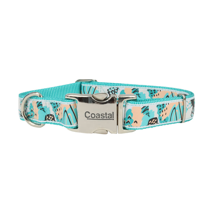 Ribbon Adjustable Dog Collar with Metal Buckle - Teal Sketched Abstract X-Small - 5/8" x 8"-12" 