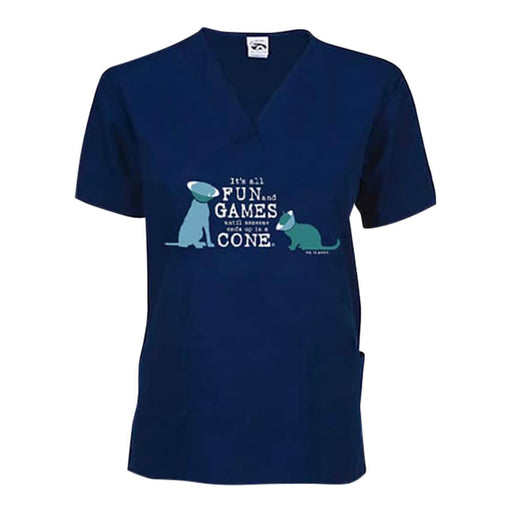 Dog is Good Scrub Top, Fun and Games Cat and Dog - Navy L 