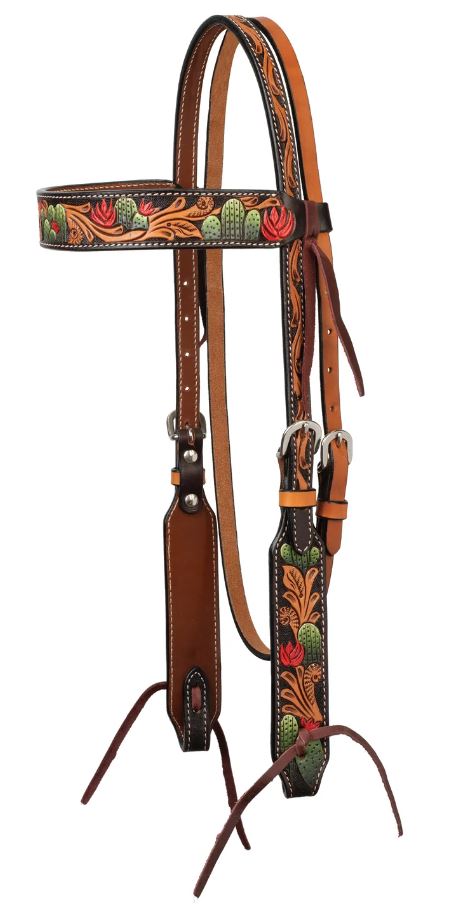 Turquoise Cross Cactus Tooled Browband Headstall - Brown Horse 