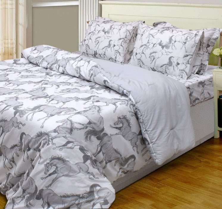 Lila Elegant Horse 3 Piece Comforter Set - Gray and White Twin 