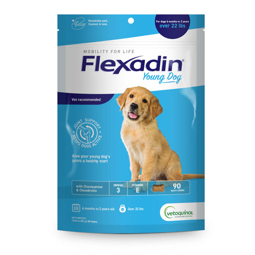 Flexadin Young Dog 90 ct - Initial Oral Administration (4 to 6 week period) Dogs 22lbs to 44lbs: 2 chews daily Dogs 45 lbs to 6