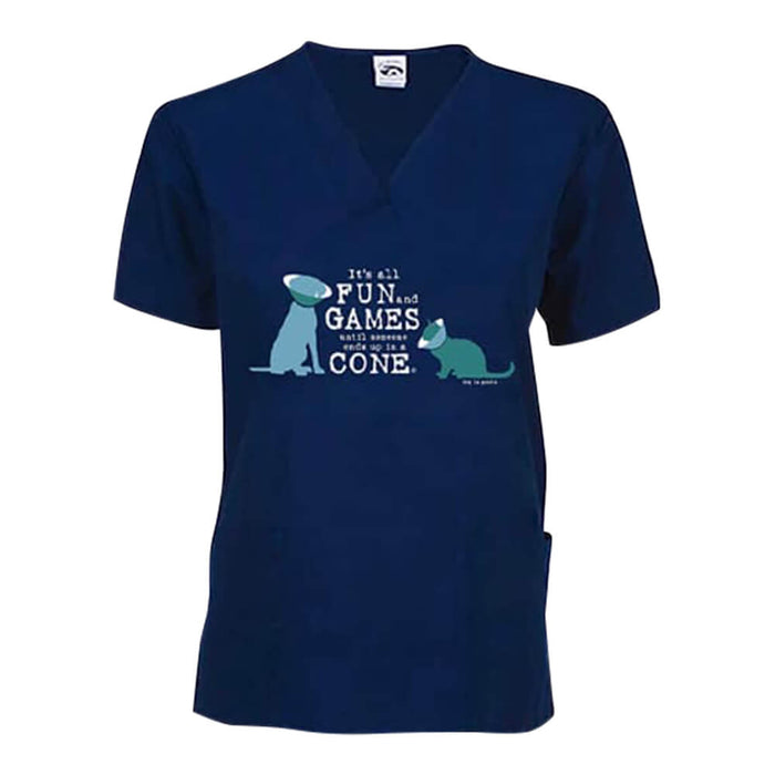 Dog is Good Scrub Top, Fun and Games Cat and Dog - Navy M 