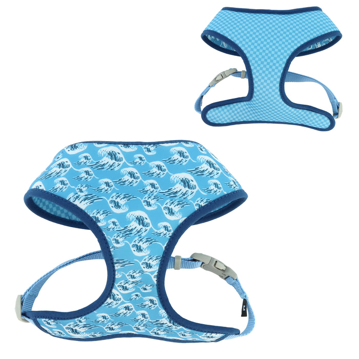 Sublime Reversible Dog Harness - Blue Waves with Blue Checkers XS - 5/8" x 16" - 19" 