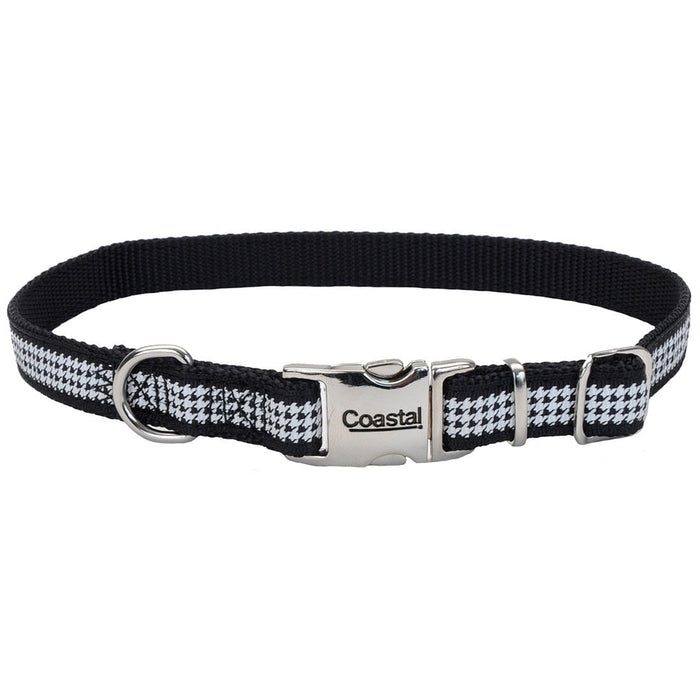 Ribbon Adjustable Dog Collar with Metal Buckle - Houndstooth Large - 1" x 18"-26" 