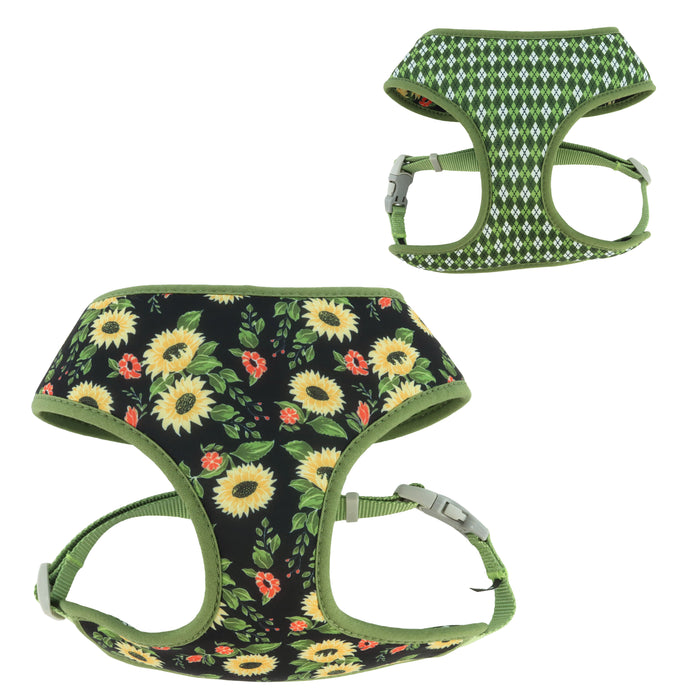 Sublime Reversible Dog Harness - Sunflower with Green Argyle MED - 3/4" x 20" - 29" 