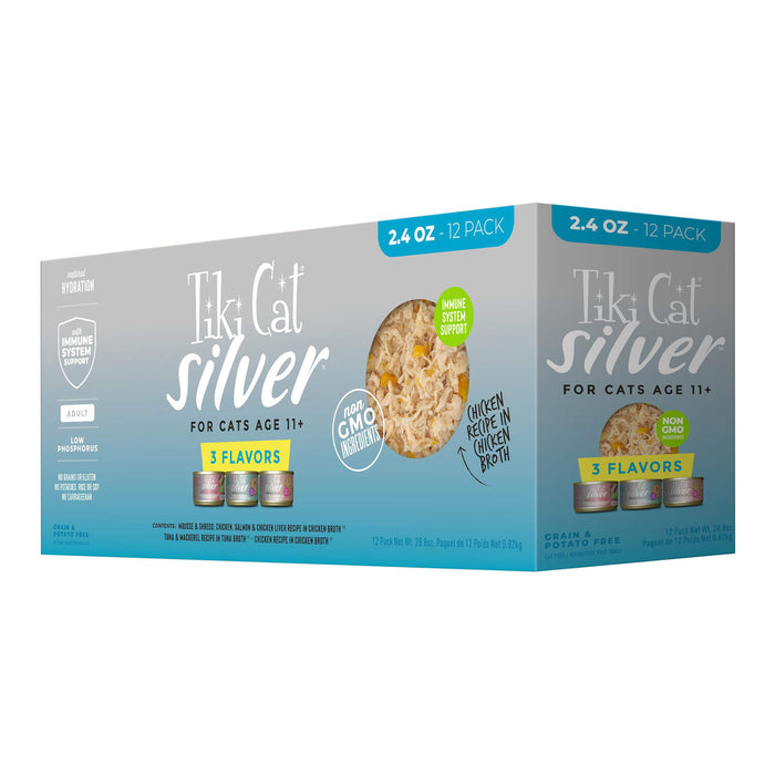 Tiki Cat Silver Wet Cat Food for Seniors, Variety Pack, 2.4 oz. Cans, 12 Count Size 2.4oz