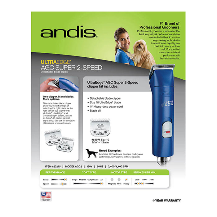 Andis UltraEdge AGC Super 2-Speed Detachable Blade Clipper - Blue - Blue  