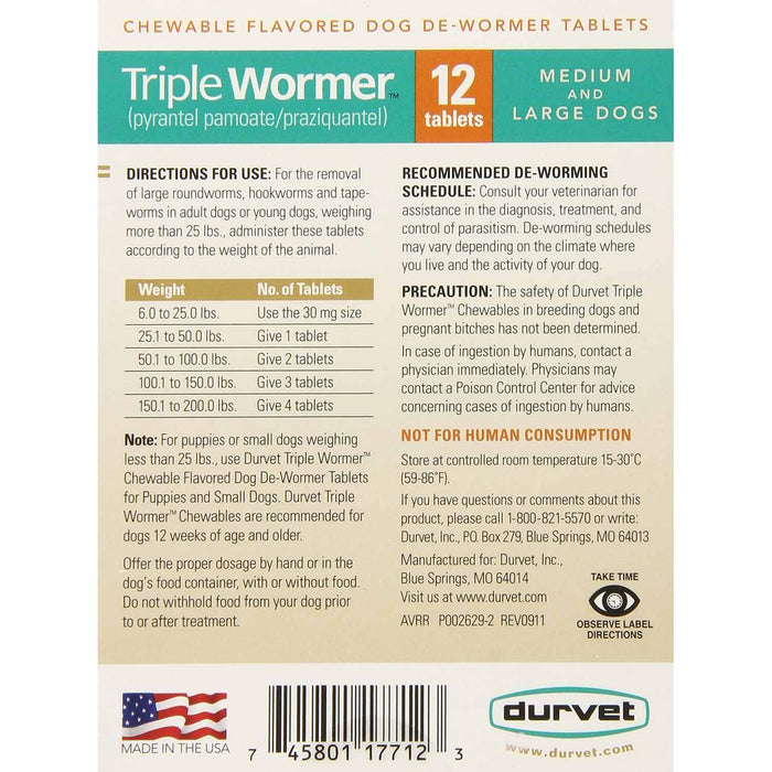 Triple Wormer for Dogs, 12 ct - 25.1-200 lbs  