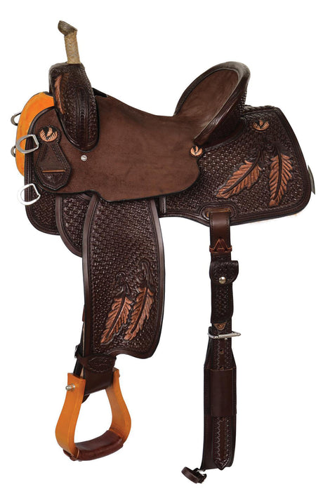 Team Camarillo Fine Feathers Barrel Saddle, Wide Tree, Chocolate - 16 in Seat  