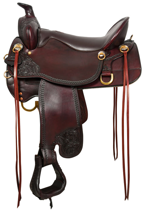 Tucker Custom High Plains Hand Tooled Trail Saddle, Wide, Brown - 16.5 in Seat  