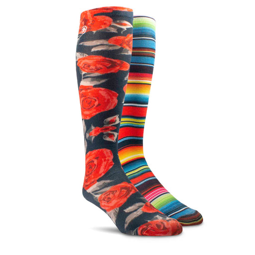 Ariat Western Beauty Knee High Socks, 2 Pair Pack, Vintage Rose Print/Vibrant Serape -   