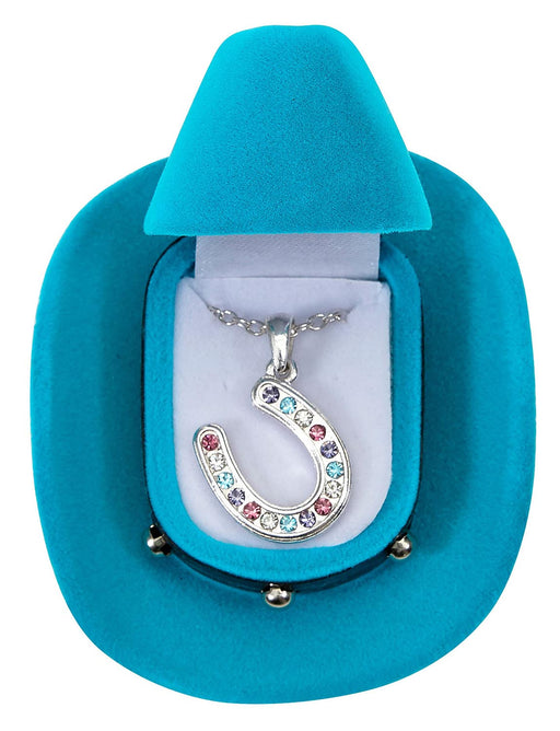 Multi Colored Horseshoe Necklace with Cowboy Hat Box - Silver  