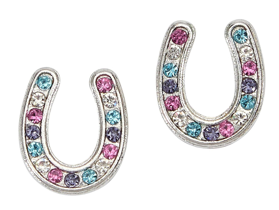 Multi Colored Horseshoe Earrings with Blue Cowboy Hat Box - Silver  