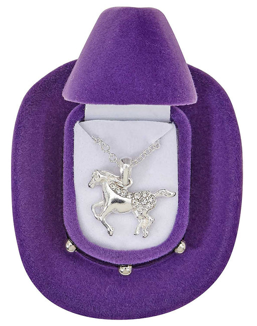 Galloping Horse Necklace with Cowboy Hat Gift Box - Silver  