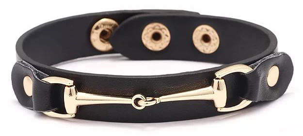 Vegan Leather Bracelet with Gold Tone Snaffle Bit - Black  