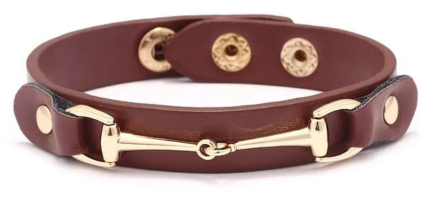 Vegan Leather Bracelet with Gold Tone Snaffle Bit - Dark Brown  