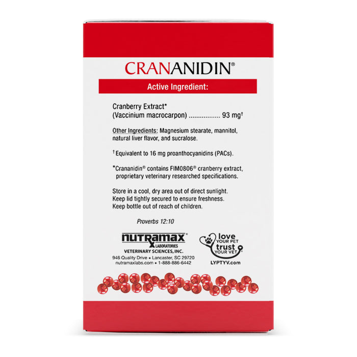 Nutramax Crananidin Cranberry Extract Urinary Tract Health Supplement for Dogs, 75 Chewable Tablets -   