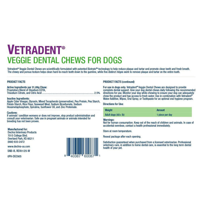 Vetradent Veggie Dental Chews for Dogs – Plaque & Tartar Control, Fresh Breath, Daily Oral Care Treats