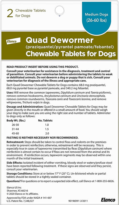 Quad Dewormer Chewable Tablets for Dogs - Medium Dog Quad Dewormer (2 pack)  