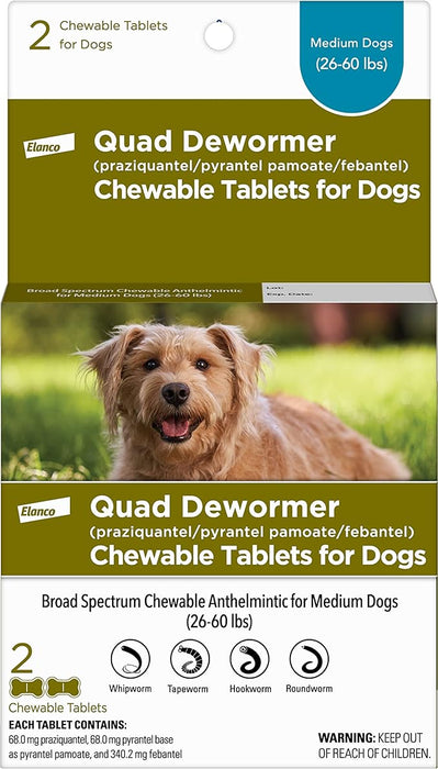 Quad Dewormer Chewable Tablets for Dogs - Medium Dog Quad Dewormer (2 pack)  