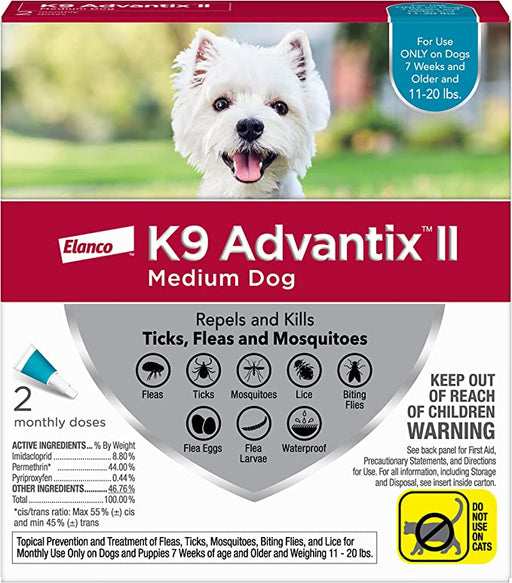 K9 Advantix II Flea and Tick Prevention for Dogs - Medium Dogs (11-20 lbs) 2 pack (2 Month Supply) 