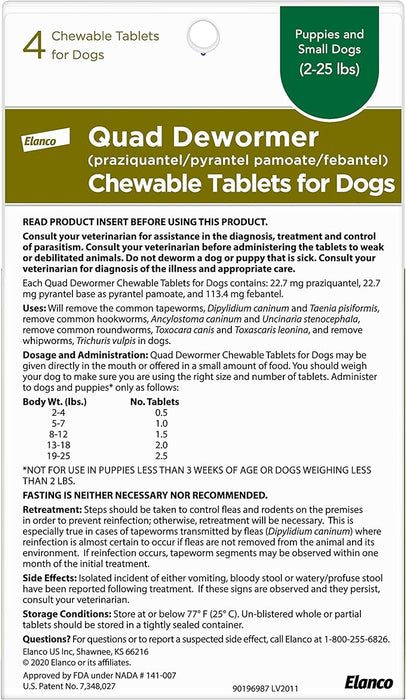 Quad Dewormer Chewable Tablets for Dogs - Small Dog Quad Dewormer (4 pack)  