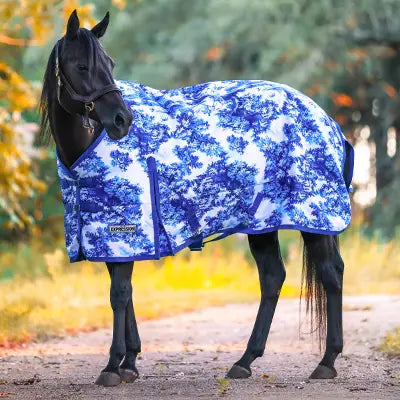 Horse wearing a blue and white patterned Jeffers Expression Equestrian Toile blanket in a fall outdoor setting