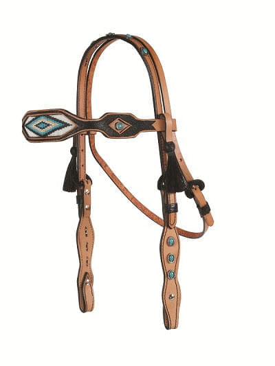 Alamo Saddlery Turquoise Diamond Inlaid Beaded Tack - Turquoise Diamond Inlaid Beaded Headstall  