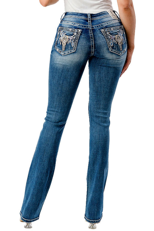 Grace in LA Steer Head Embroidered Mid Rise Bootcut Jeans - Light Blue 25 