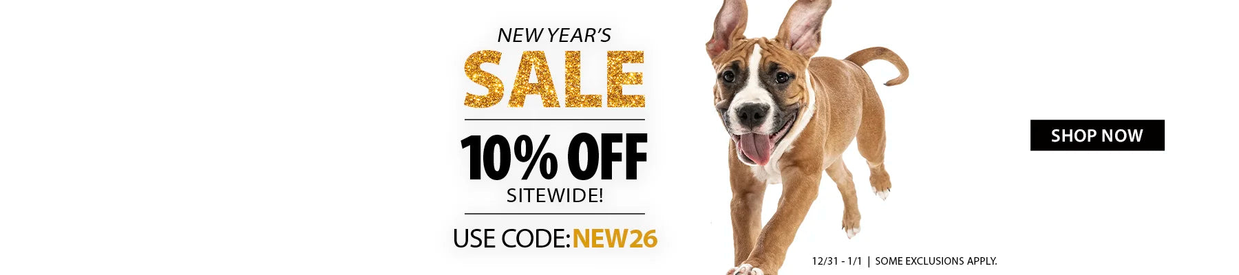 Jeffers new year sale, save 10% off with code NEW26 - dog jumping with text