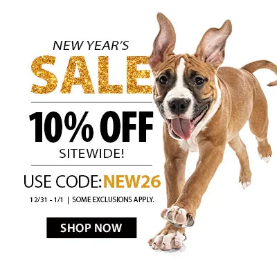 Jeffers new year sale, save 10% off with code NEW26 - dog jumping with text