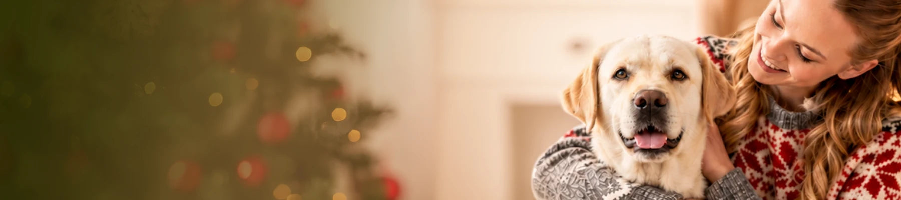 Fall pet catalog 2026. A woman in a red and white patterned sweater hugging a Labrador Retriever dog in a cozy indoor setting with a blurred Christmas tree in the background.