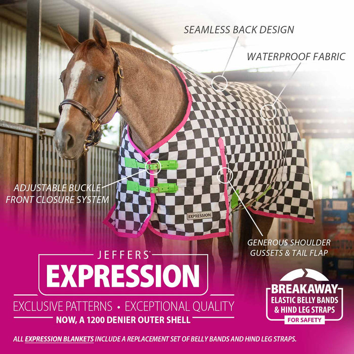 In Stock Now! Jeffers Expression 1200 Denier Standard Neck Turnout Blanket, 240 Gram, Skater Cowgirl