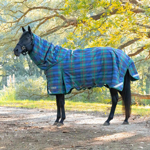 Jeffers Solaris 1200 Denier Heavy Weight Horse Turnout Blanket with Neck Rug, 360g Fill - JEFCNM - PreSale Navy & Hunter Plaid - 66" - 1