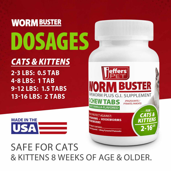 Jeffers WORM BUSTER Cat Dewormer Flavored Tablets with Praziquantel & Pyrantel