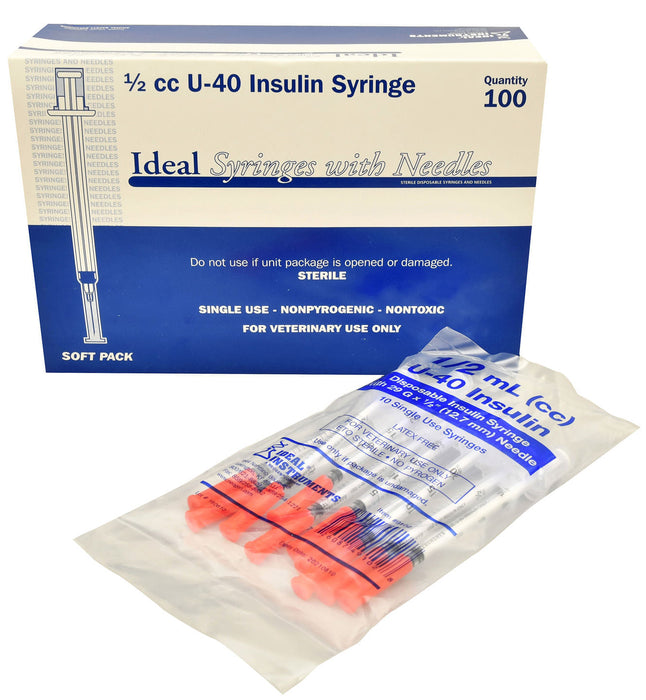 U-40 Syringes w/ 29G x 1/2" Needles, Box of 100 - 0.5cc Syringe w/ 29G x 1/2" Needle, 100/Box  